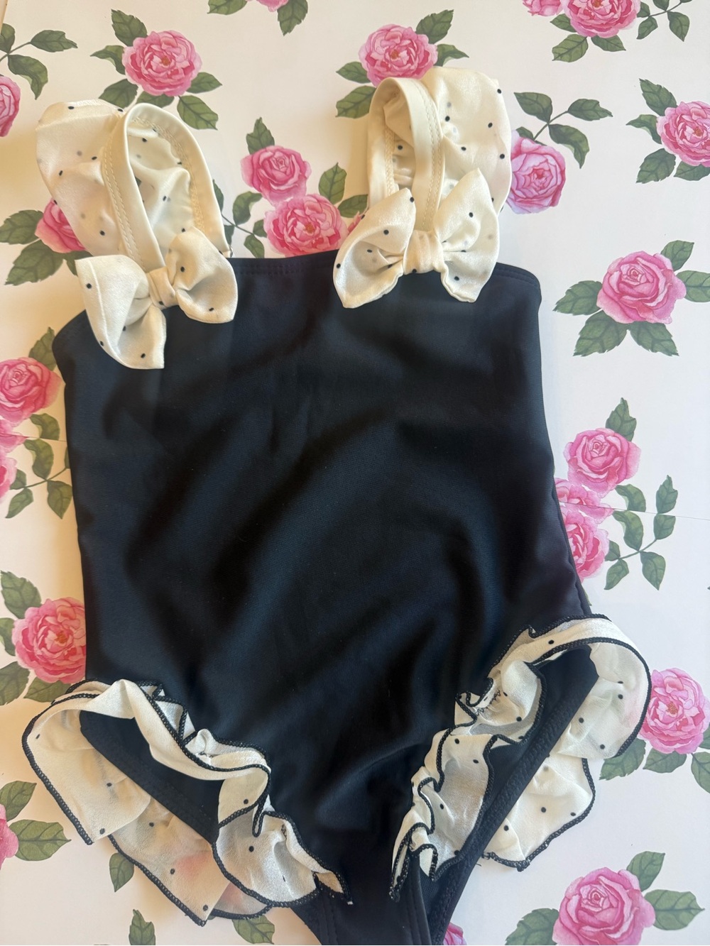 Girls Black One-Piece Swimsuit with Cream Polka-Dot Ruffle Details